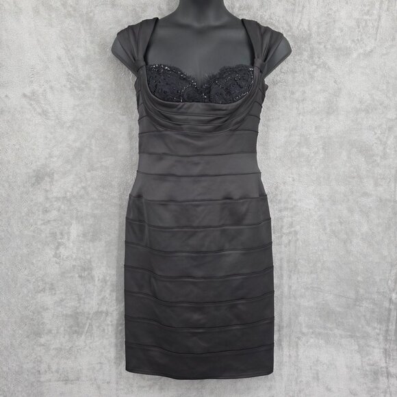 Tadashi Shoji Cocktail Sheath Dress 10 Black Beaded Lace Sweetheart Satin New - Picture 14 of 15
